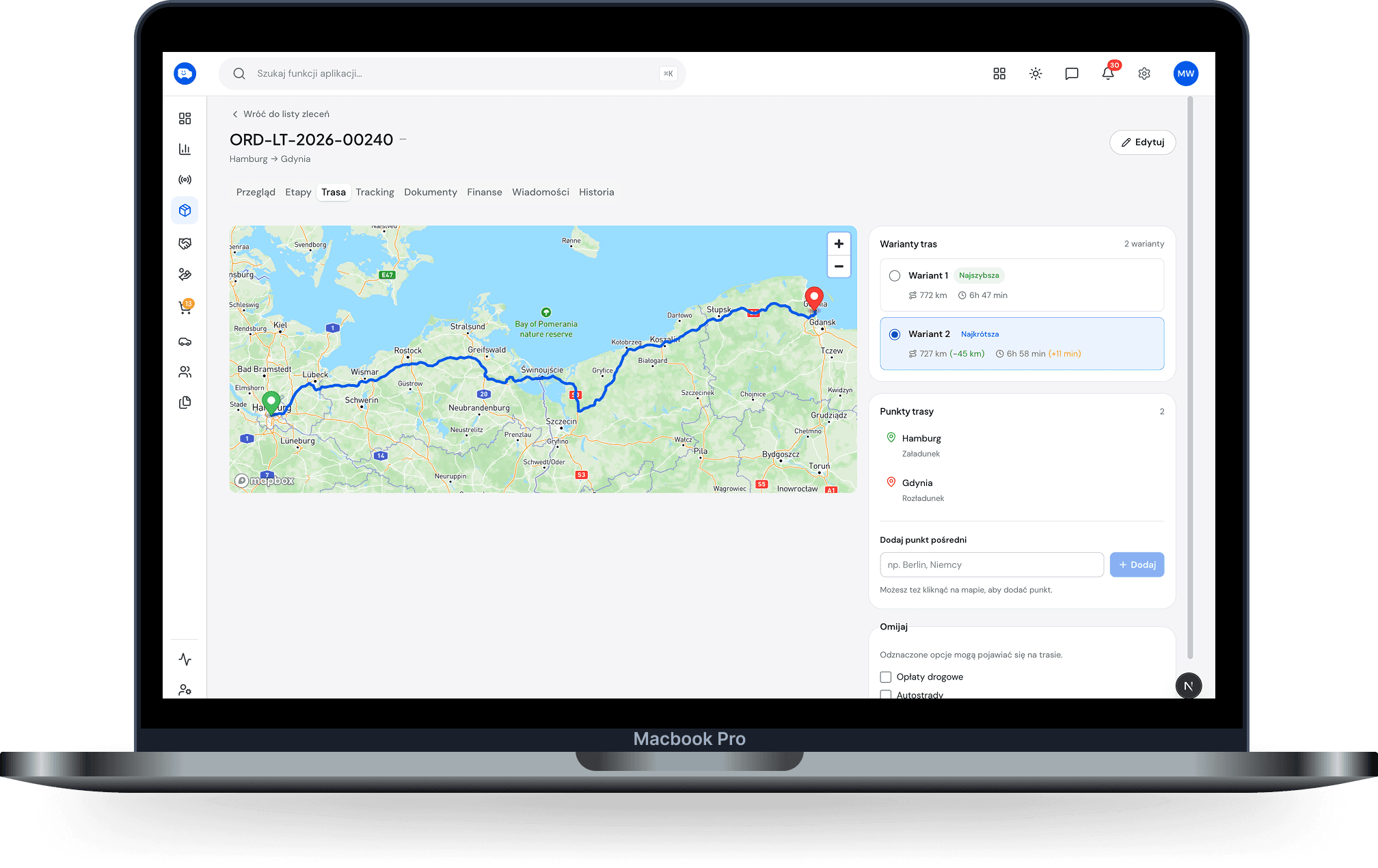 Route view with a traffic jam · desktop — Old route dashed, new one in blue, a traffic jam marker, a bubble with the new arrival time.
