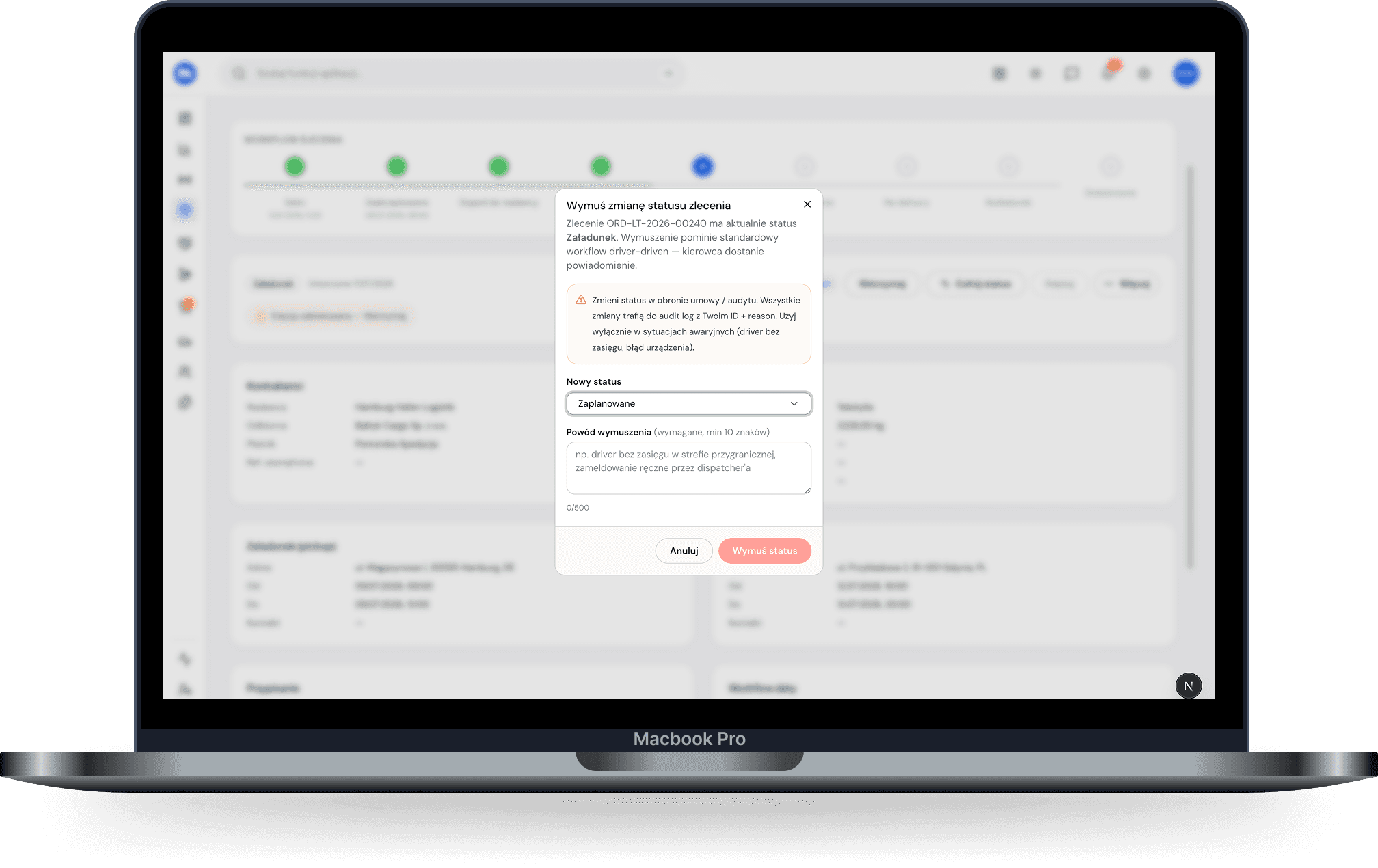 Order card · desktop — Client, loading, unloading, rate, driver and vehicle; status bar at the bottom.