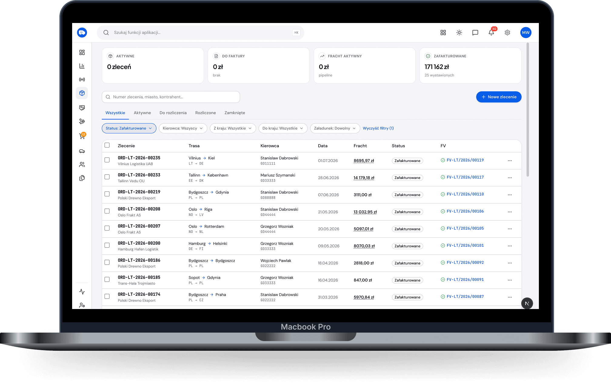 Document list · desktop, dark mode — Issued documents with sending dates and status: delivered, paid, due.