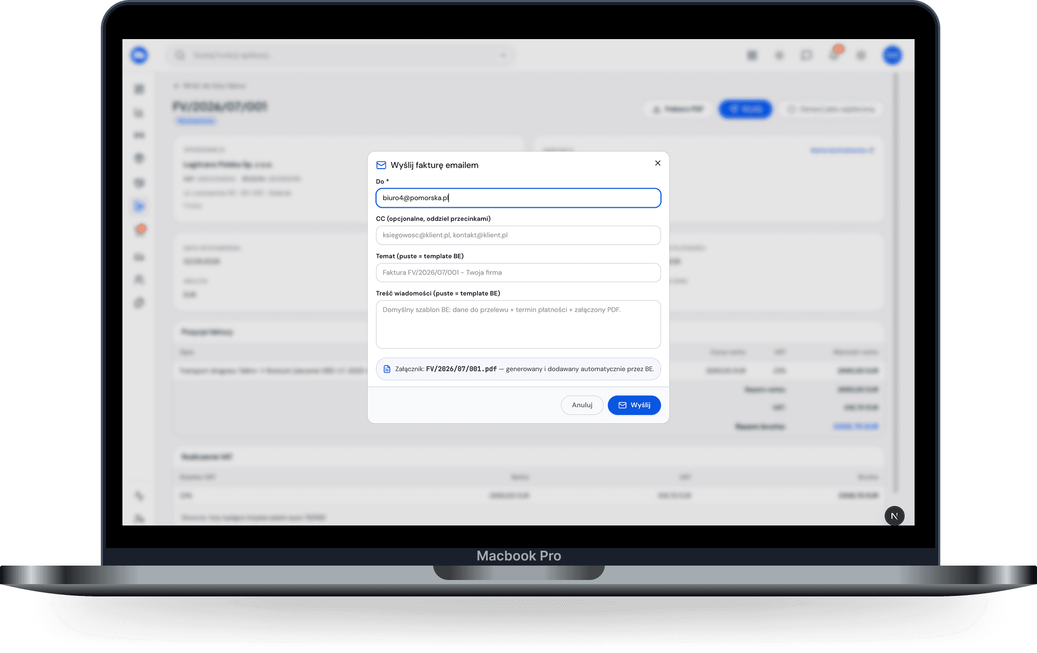 Send window · desktop — Client email, PDF attachment, e-invoice toggle, “delivered” status.