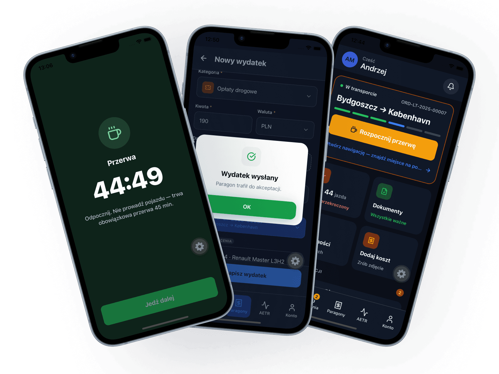 Three route-start screens · phone, dark mode — From the left: today’s orders, the odometer before the start with a “Start route” button, adding a cost with a receipt photo.