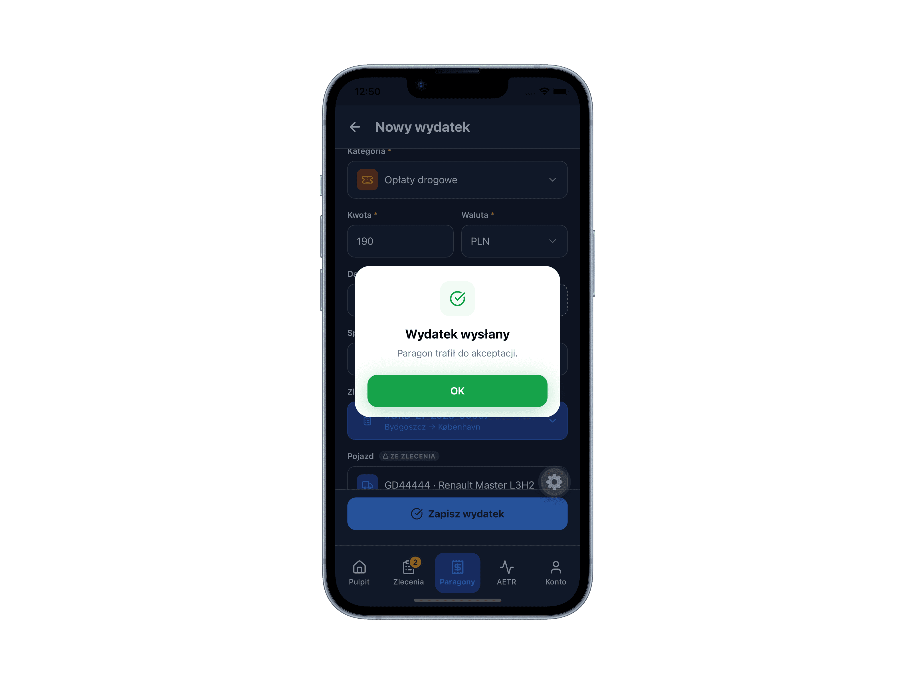 “To send” screen · phone, dark mode — A list of items waiting for signal (route points, a receipt, a break), one already sent.
