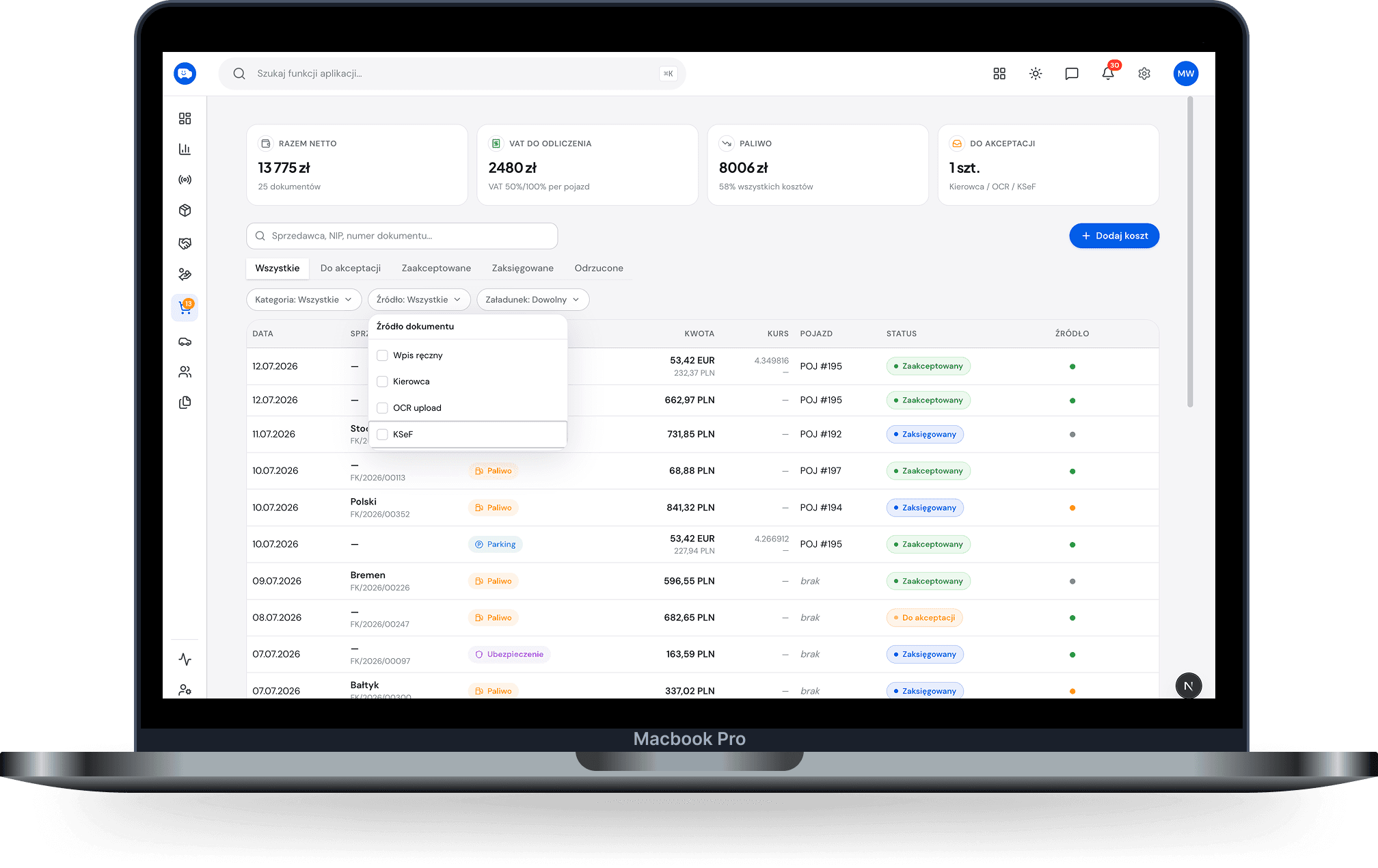 Monthly cost list · desktop 1440 — Costs with categories, vehicles and photo thumbnails; filters at the top.