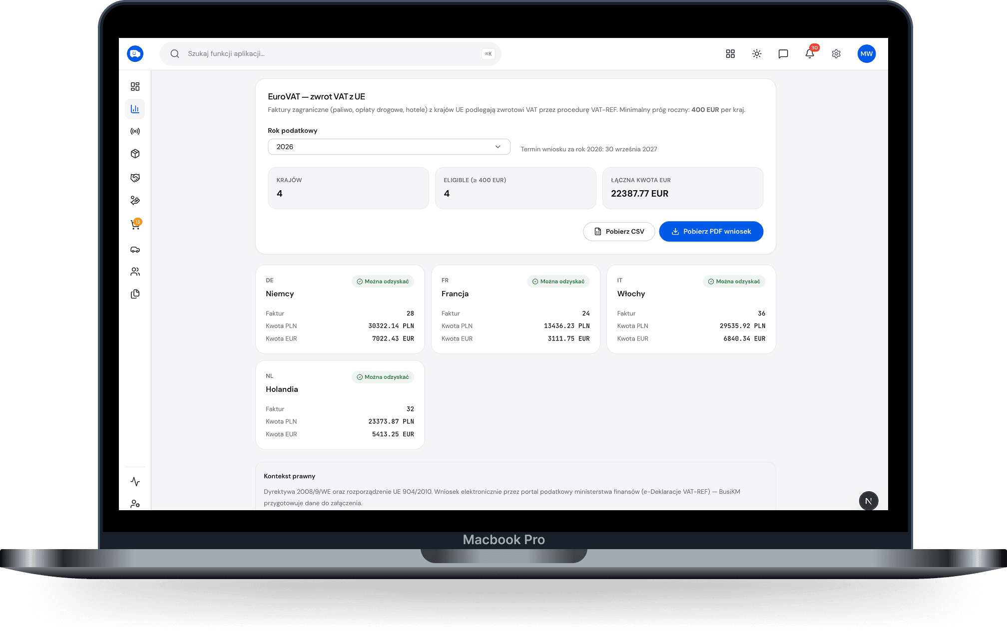 Driver settlement with allowances · desktop — Days abroad, daily allowances, amount to pay; a table of countries with their rates.