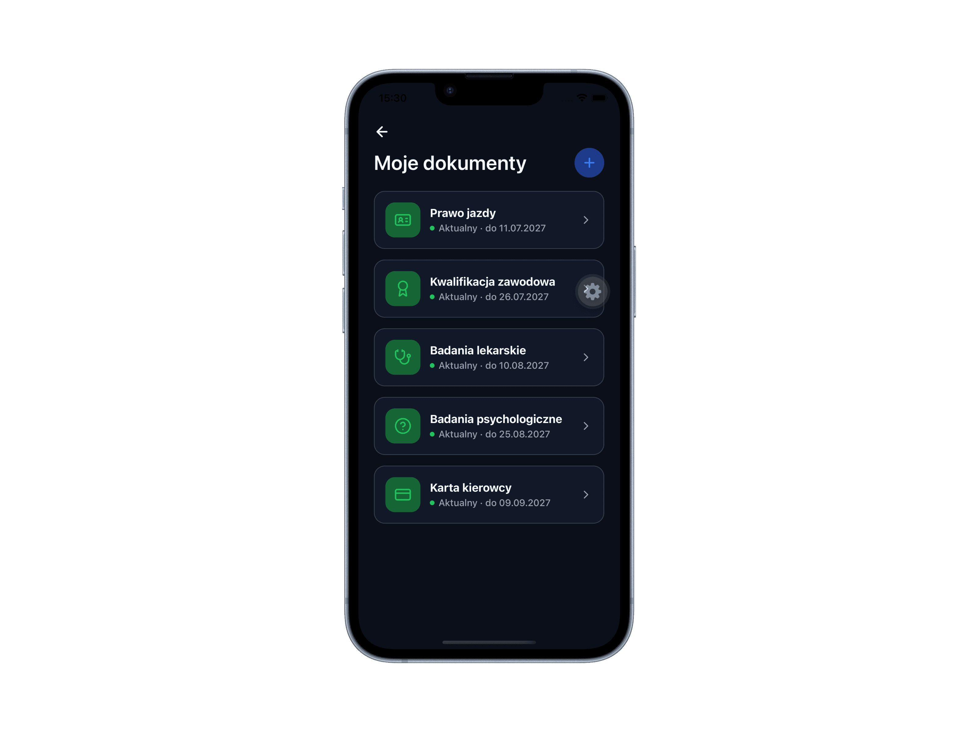 Driver’s documents · phone, dark mode — The driver’s phone with their documents and the next medical check at the top.