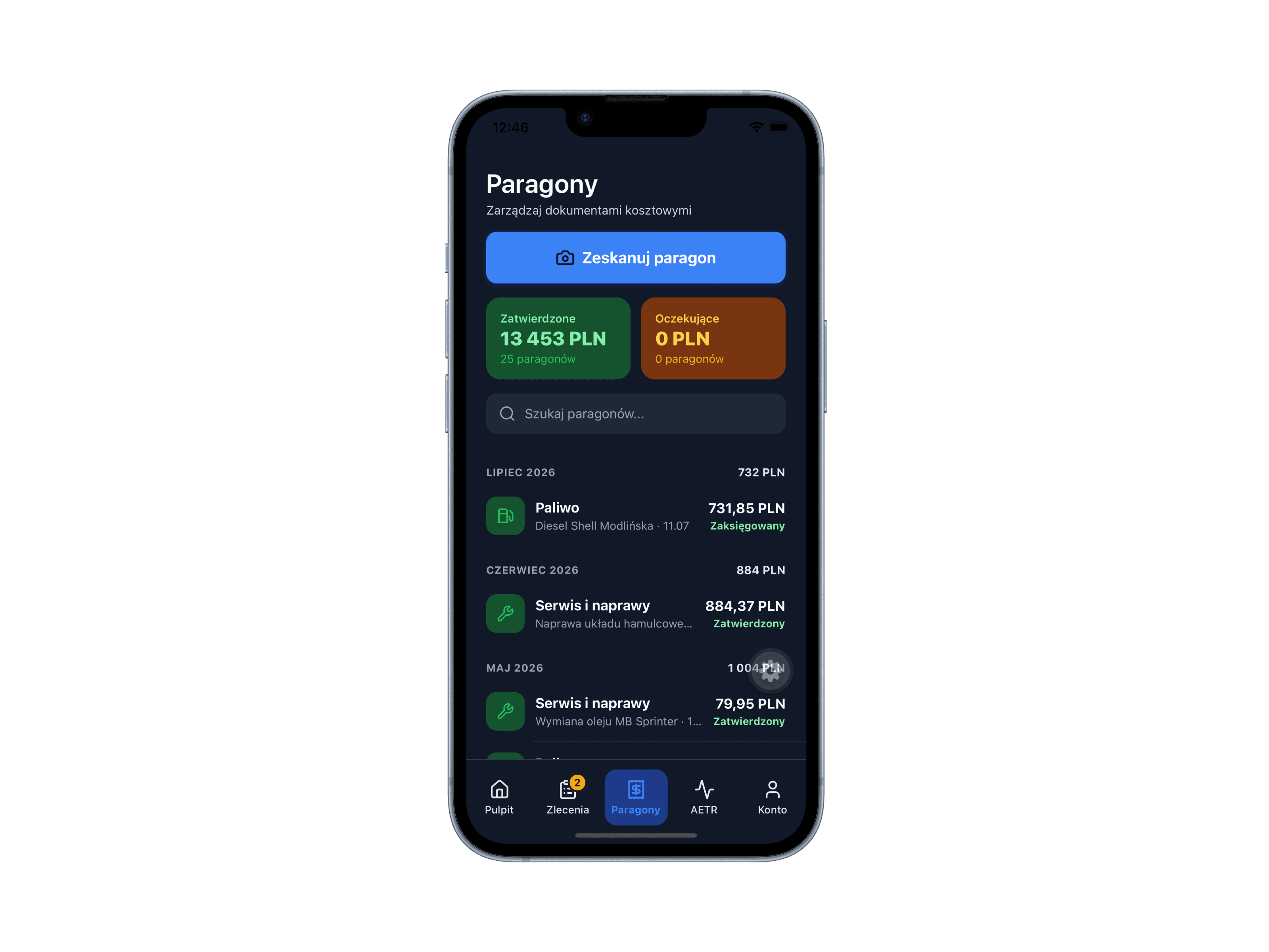 Adding a cost · phone, dark mode — A photo of the receipt and fields filled in automatically.