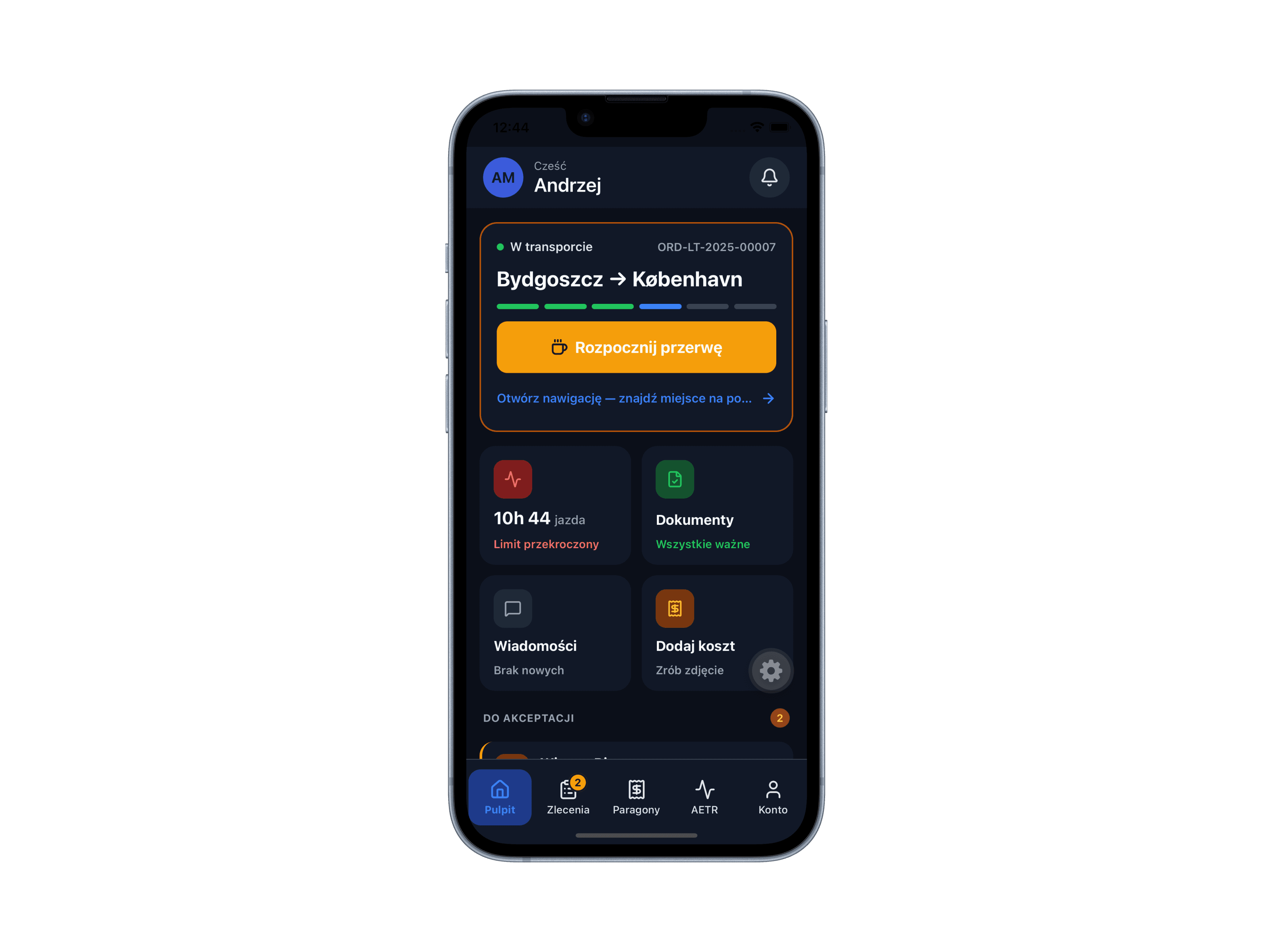 Today’s orders · phone, dark mode — Today’s orders with their status, loading time and place.