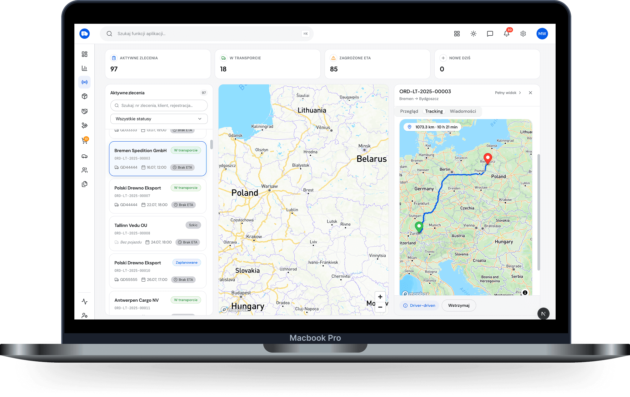 Recalculated route · desktop — Old and new version side by side, a traffic jam marker, the difference in arrival time.
